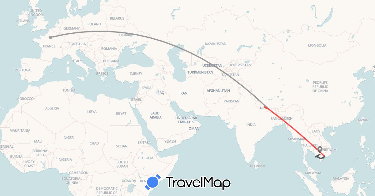TravelMap itinerary: driving, bus, plane, hiking, boat, motorbike in France, Cambodia, Nepal, Vietnam (Asia, Europe)
